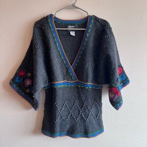 Sweater Sweater Gray V-Neck Sweater with Colorful Embroidery